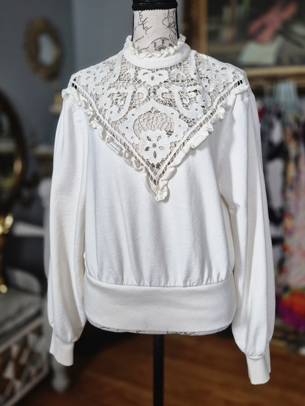 Express 90s Vibe Lace Front Ruffle Mock Neck Sweatshirt Small